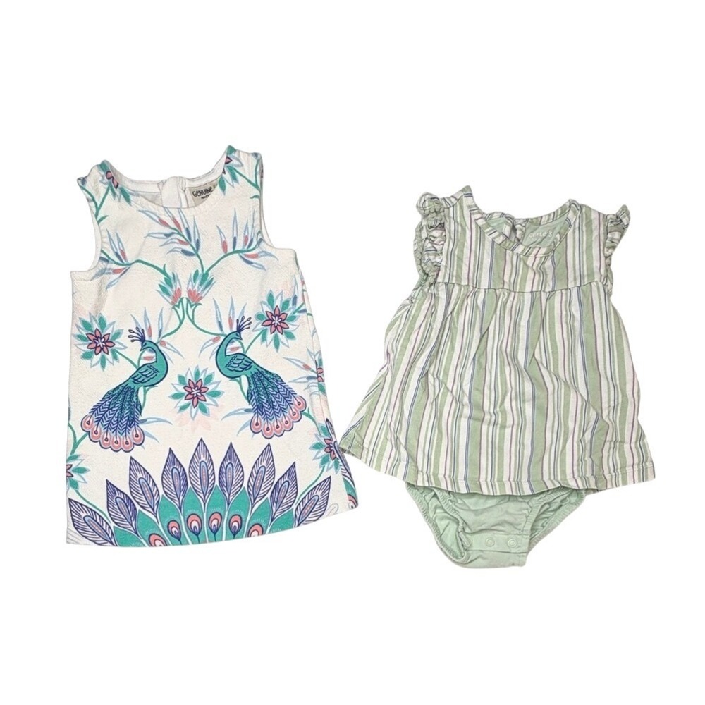 OshKosh White Peacock Dress + Carter's Dress Bodysuit Green Stripe 18 Month Kids